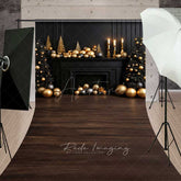 Aperturee - Aperturee Elegant Christmas Fireplace Sweep Photo Backdrop Black Mantel with Gold Ornaments Luxury Holiday Photo Prop